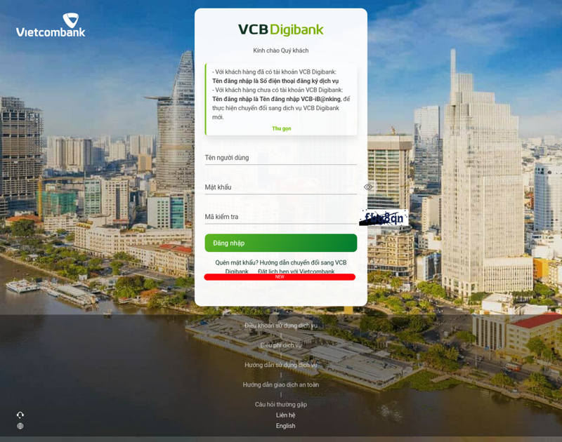 Hình minh họa về trang web lừa đảo giả mạo của Vietcombank.