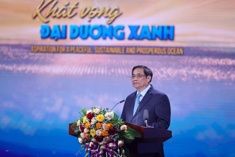 Thủ tướng Chính phủ Phạm Minh Chính phát biểu tại Chương trình cầu truyền hình trực tiếp "Khát vọng Đại dương xanh" - Ảnh: VGP