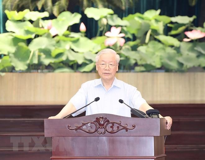 Tổng Bí thư Nguyễn Phú Trọng phát biểu kết luận tại buổi làm việc. Ảnh: TTXVN