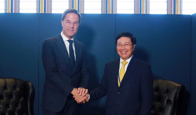 Phó Thủ tướng Thường trực Chính phủ Phạm Bình Minh hội kiến với Thủ tướng Hà Lan Mark Rutte. Ảnh - VGP. 
