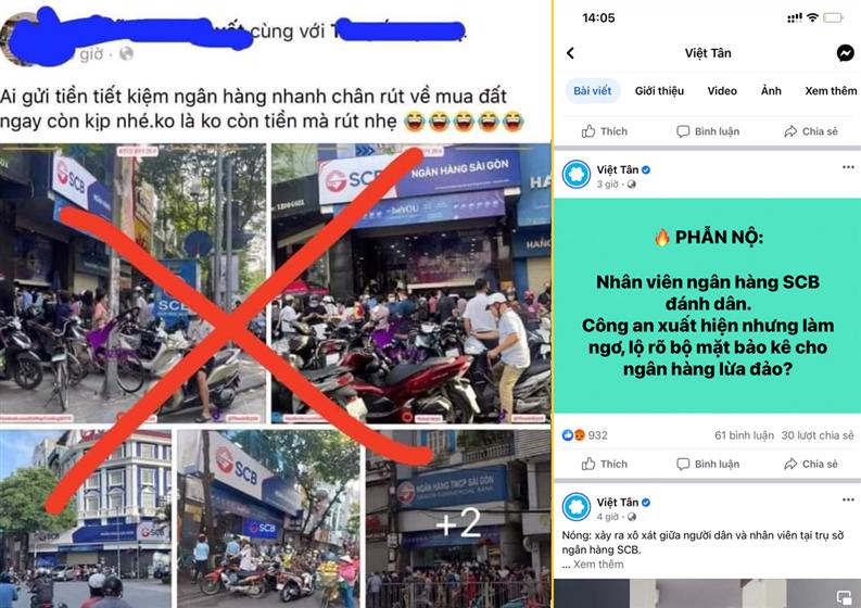 Những thông tin sai sự thật được các đối tượng đưa lên mạng xã hội Facebook nhằm kích động người dân đến rút tiền tại Ngân hàng SCB. Ảnh: Bộ Công an