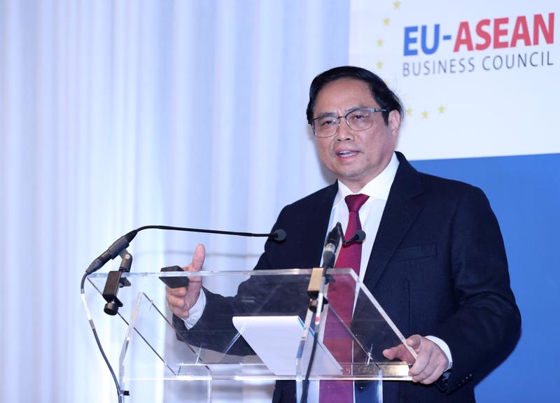 Thủ tướng Phạm Minh Chính dự và phát biểu tại Hội nghị Thượng đỉnh Kinh doanh ASEAN-EU - Ảnh: VGP