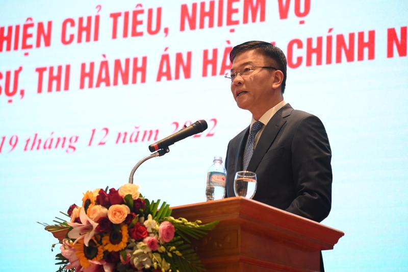 Bộ trưởng Bộ Tư pháp Lê Thành Long đến dự và phát biểu chỉ đạo tại Hội nghị. Ảnh: Bộ Tư pháp.