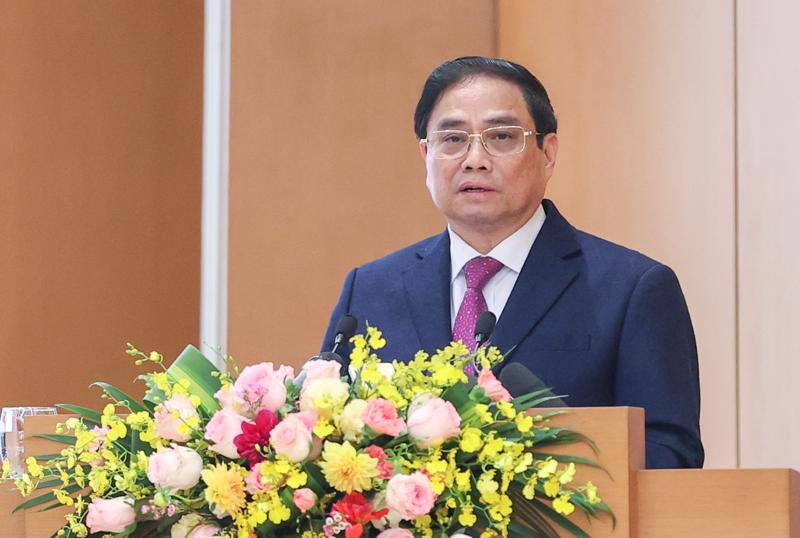 Prime Minister Pham Minh Chinh speaking at the meeting. Photo: VGP