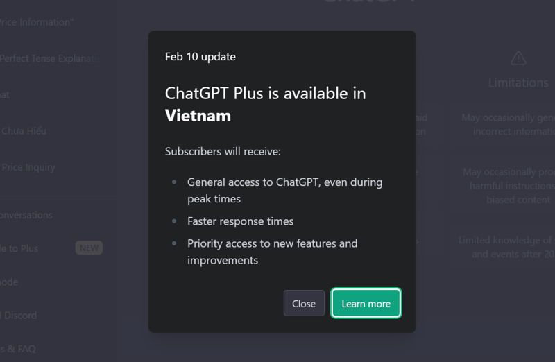 Ngày 10/2, ứng dụng ChatGPT thông báo chính thức hỗ trợ gói Plus cho người dùng tại Việt Nam.