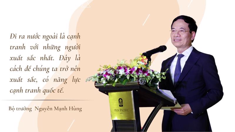 Bộ trưởng Nguyễn Mạnh Hùng phát biểu tại buổi gặp gỡ với giới công nghệ thông tin - Ảnh: Mic.
