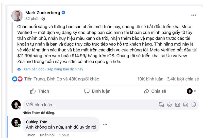CEO Mark Zuckerberg vừa thông báo phí dịch vụ tick xanh cho tài khoản mạng xã hội này đã nhận được không ít sự phản đối từ cộng đồng mạng.