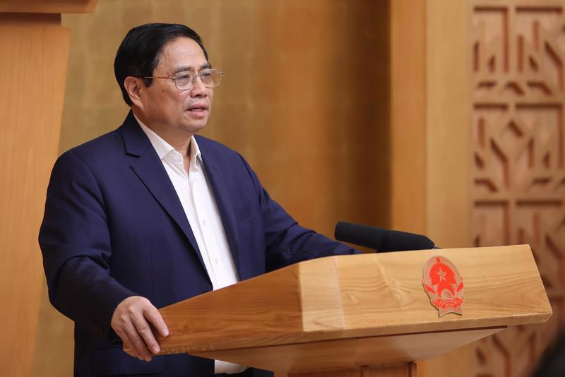 Prime Minister Pham Minh Chinh at the regular government meeting. Photo: VGP