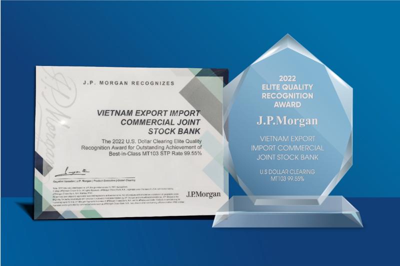 Eximbank nhận giải thưởng Chất lượng thanh toán quốc tế xuất sắc từ Ngân hàng JP Morgan với tỉ lệ điện thanh toán quốc tế xuyên suốt năm 2022 là 99,55%.