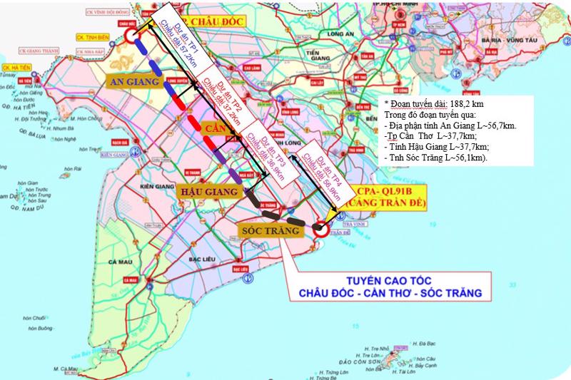 Dự án cao tốc Châu Đốc - Sóc Trăng - Cần Thơ có tổng chiều dài 188 km; trong đó đoạn đi qua tỉnh An Giang dài 57 km vừa được UBND tỉnh An Giang phê duyệt gồm 43 gói thầu với tổng giá trị hơn 10.500 tỷ đồng.