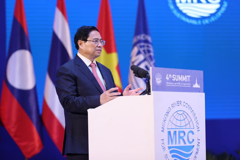 Thủ tướng Chính phủ Phạm Minh Chính phát biểu tại Hội nghị Cấp cao lần thứ 4 Ủy hội sông Mekong quốc tế - Ảnh: VGP