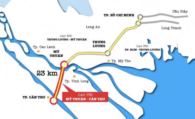 Lý trình của dự án cao tốc Mỹ Thuận - Cần Thơ trên bình đồ. Ảnh: Ban Mỹ Thuận.