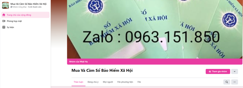 Một hội, nhóm quảng cáo mua, cầm cố sổ bảo hiểm xã hội trên mạng. Ảnh - Bảo hiểm xã hội Việt Nam cung cấp. 