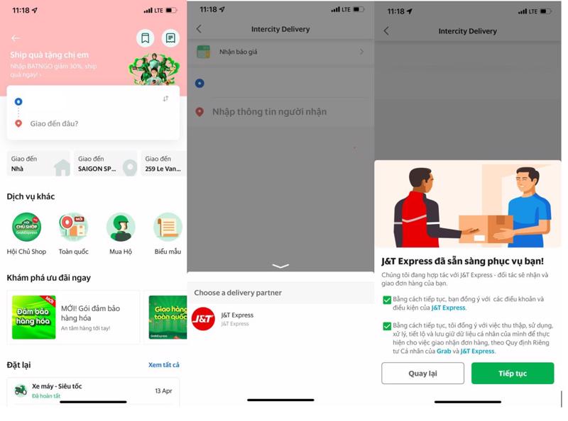 Người dùng có thể sử dụng dịch vụ giao hàng toàn quốc của J&T Express trên ứng dụng Grab.