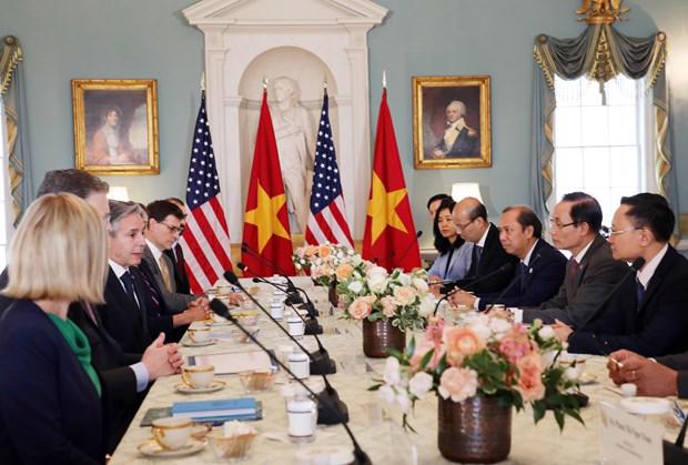 The meeting in Washington  D.C. between Head of  the Party Central Committee’s Commission for External Relations Le Hoai Trung (2nd from right) and  US Secretary of State Antony Blinken (3rd from left). (Photo: Vietnam News Agency)