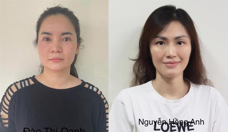 Hai bị can Đào Thị Oanh và Nguyễn Hồng Anh (từ trái qua) trong vụ vận chuyển trái trái phép 4.355 tỉ đồng ra nước ngoài. Ảnh: Bộ Công an