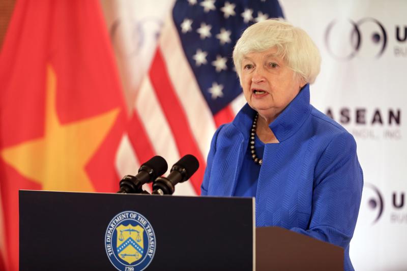 Bộ trưởng Tài chính Mỹ Janet Yellen phát biểu sáng ngày 21/7 tại Hà Nội. Ảnh: Việt Dũng.