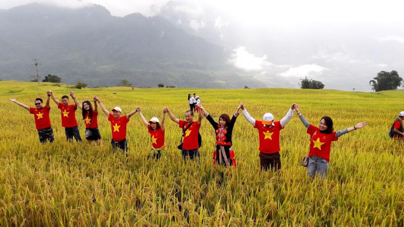 Du khách trải nghiệm ruộng bậc thang mùa lúa chín xã Hồng Thái, huyện Na Hang. Ảnh: Cục Du lịch quốc gia Việt Nam.