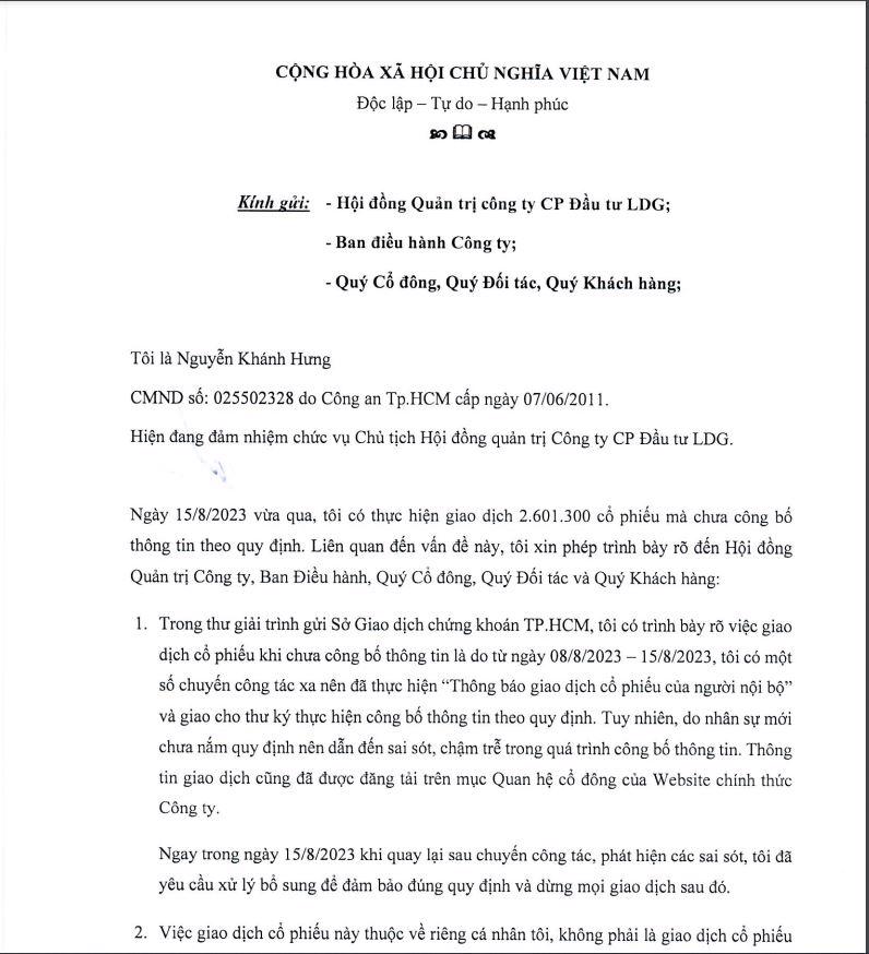 Công văn giải trình chậm công bố thông tin giao dịch cổ phiếu của Chủ tịch LDG Nguyễn Khánh Hưng ngày 17-08-2023. 