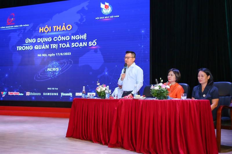  Phó Trưởng Ban Tuyên giáo Trung ương, Tổng Biên tập Báo Nhân dân, Chủ tịch Hội Nhà báo Việt Nam Lê Quốc Minh phát biểu tại hội thảo ngày 17/8/2023.