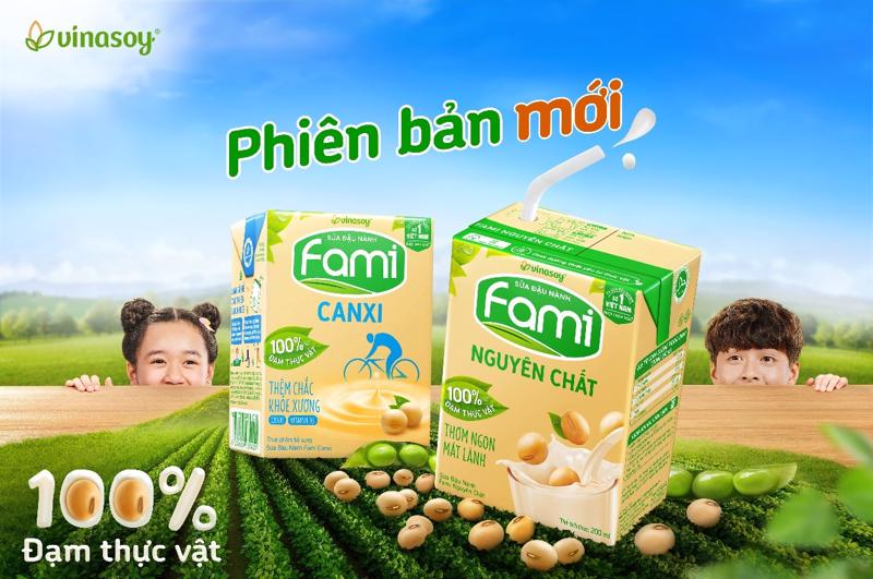 Hình ảnh chiếc lá xanh tươi cùng biểu tượng “100% đạm thực vật”, như lời cam kết của Fami cung cấp nguồn dinh dưỡng vàng từ thực vật đến mọi nhà.