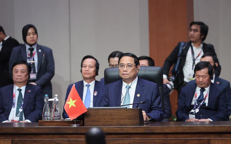 Thủ tướng Chính phủ Phạm Minh: "Làm sâu sắc hơn nữa kết nối trong thực hiện các mục tiêu về phát triển bền vững giữa ASEAN và Ấn Độ". Ảnh:VGP.