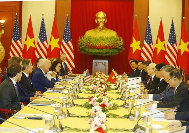 Party General Secretary Nguyen Phu Trong holds talks with US President Joe Biden in Hanoi on September 10 (Photo: VNA)