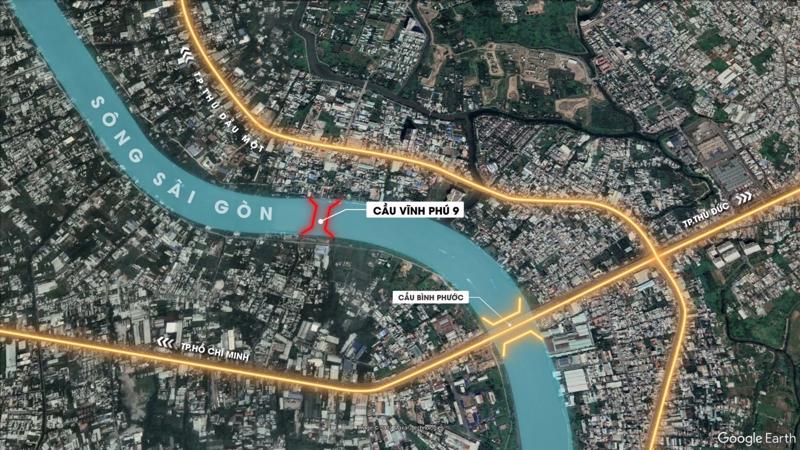 Phường Vĩnh Phú, thành phố Thuận An sẽ có thêm cầu bắt qua sông Sài Gòn để đảm bảo 3 yếu tố nhanh, thuận tiện, lưu lượng lớn kết nối với TP HCM. Đồ họa: Quốc Anh.