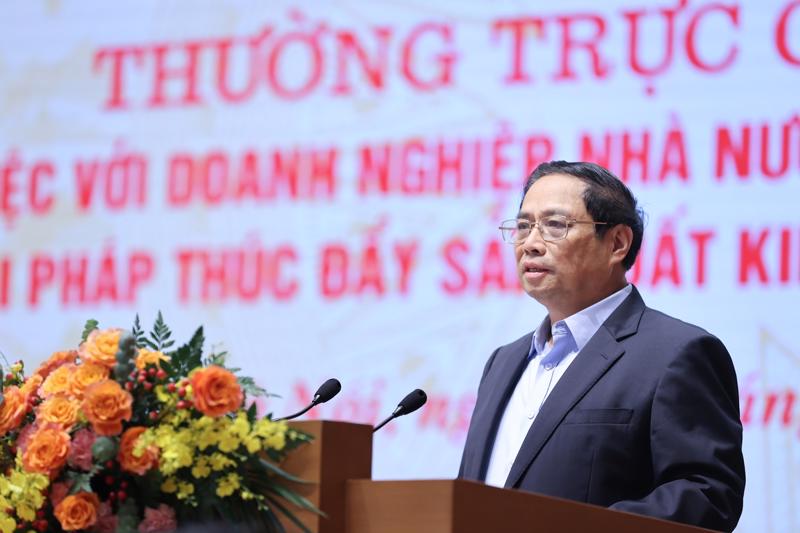 Thủ tướng Phạm Minh Chính: "Tinh thần là hài hòa lợi ích Nhà nước, nhân dân và doanh nghiệp, hài hòa lợi ích, rủi ro chia sẻ; không nói không, không nói khó, không nói có mà không làm cho doanh nghiệp". Ảnh:VGP.