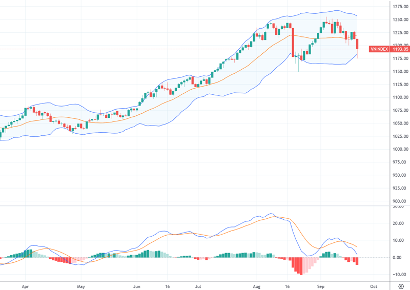 Diễn biến chỉ số VN-Index và chỉ báo kỹ thuật MACD.