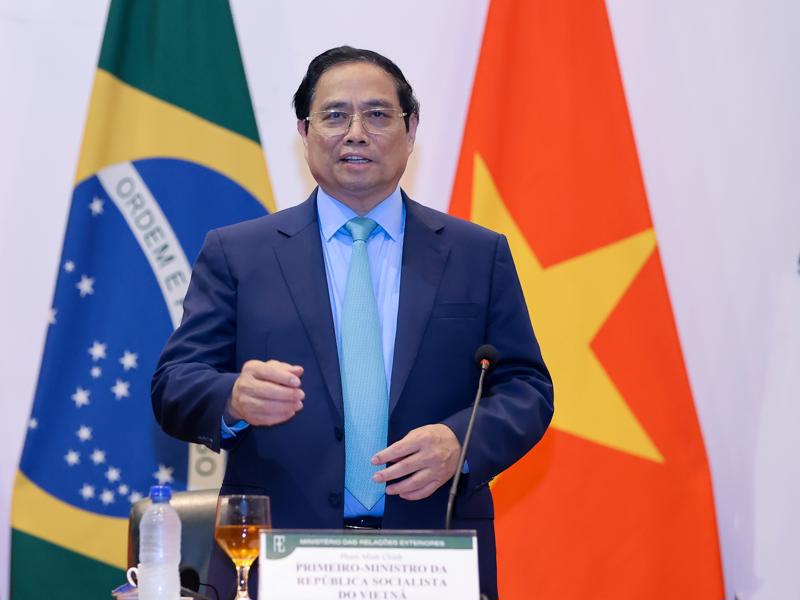 Thủ tướng Phạm Minh Chính cho rằng nằm ở hai bán cầu, nhưng Việt Nam và Brazil có quan hệ gắn bó mật thiết, chia sẻ nhiều điểm tương đồng. Ảnh: VGP.