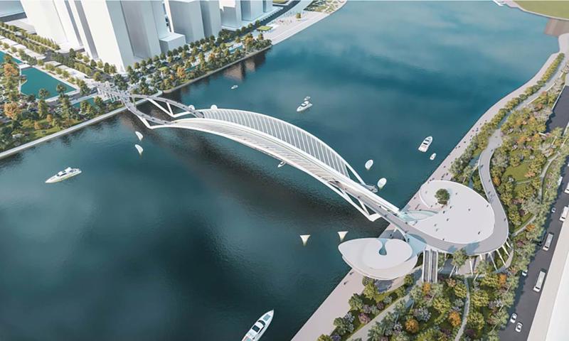 Bản vẽ thiết kế kiến trúc cầu đi bộ qua sông Sài Gòn có hình tượng chiếc lá dừa nước, do Liên danh Chodai-Takashi Niwa Architects và Chodai Kisojiban Việt Nam thiết kế, đã được chọn. Ảnh: Liên danh cung cấp.