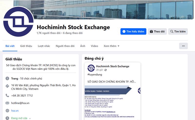 Cổng thông tin chính chức của HOSE qua trang thông tin điện tử www.hsx.vn và trang fanpage https://www.facebook.com/HochiminhStockExchange.