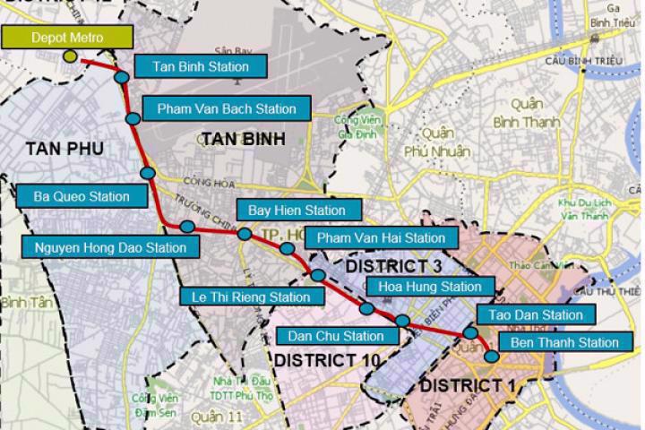 Metro Line No. 2 connects Ben Thanh Market in District 1 and Tham Luong Depot in District 12.