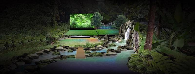 Lấy ý tưởng từ chủ đề "Suối Mơ", êkíp sản xuất đã dựng lên một con suối ngay trên sân khấu chính giữa không gian núi rừng Ba Vì. Ảnh: Amour Resort Bavi.
