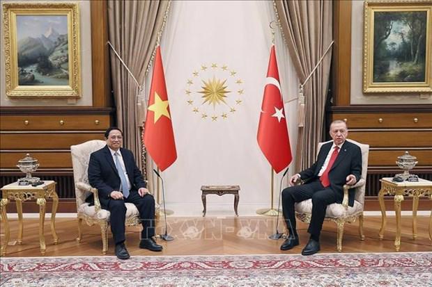 Prime Minister Pham Minh Chinh and President Recep Tayyip Erdoğan at their meeting on November 29. (Photo: VNA)