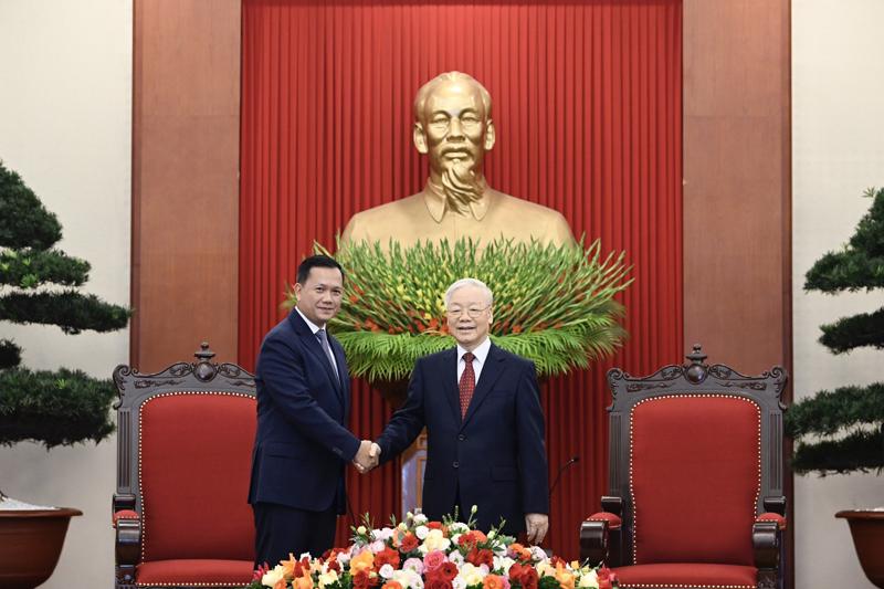 Tổng Bí thư Nguyễn Phú Trọng tiếp Thủ tướng, Phó Chủ tịch Đảng Nhân dân Campuchia (CPP) Samdech Moha Bovor Thipadei Hun Manet. Ảnh: Tri Phong.