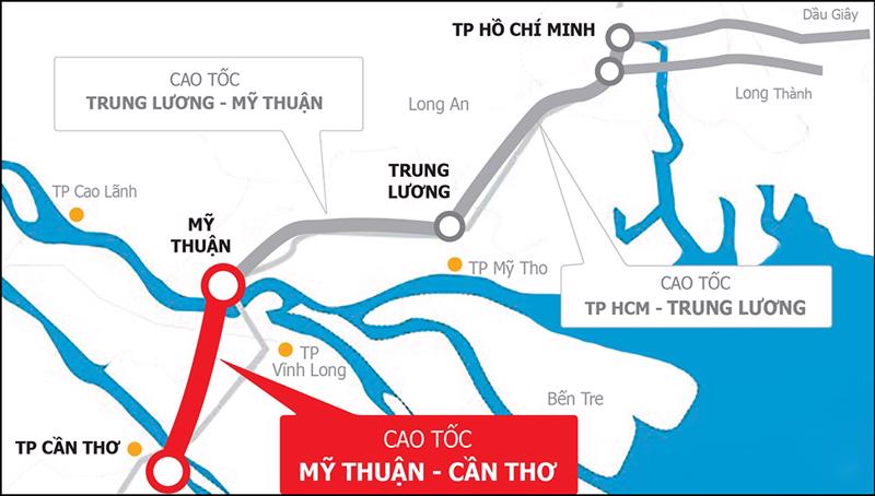 Cao tốc Mỹ Thuận - Cần Thơ trong hành trình toàn tuyến cao tốc TP.HCM - Cần Thơ. Đồ họa: Nguyễn Tường.