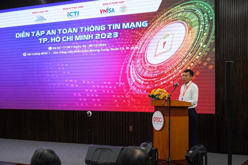 Phó Giám đốc Sở Thông tin và Truyền thông TP.HCM Võ Minh Thành tại Diễn tập an toàn thông tin mạng TP.HCM 2023 sáng 26/12/2023.