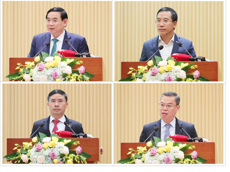 Lãnh đạo các ngân hàng BIDV, MB, Agribank, Vietinbank (từ trái sang và trên xuống), phát biểu tại Hội nghị triển khai nhiệm vụ ngân hàng năm 2024. 