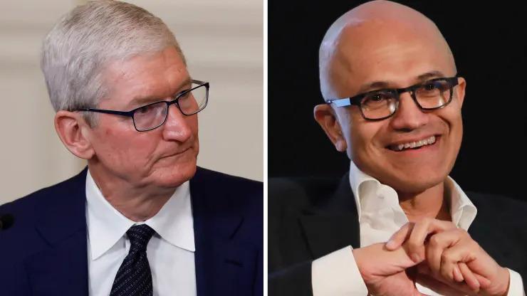 Giám đốc điều hành Apple Tim Cook, trái, và Giám đốc điều hành Microsoft Satya Nadella.