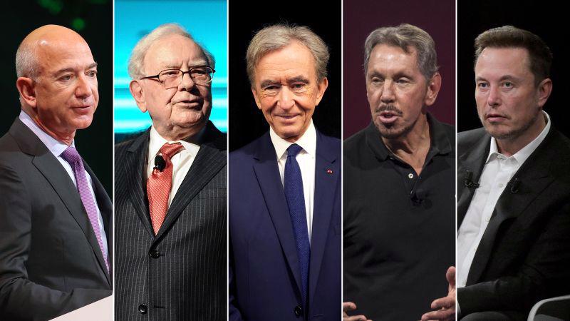 Từ trái qua phải: Jeff Bezos, Warren Buffett, Bernard Arnault, Larry Ellison và Elon Musk - Ảnh: Getty Images