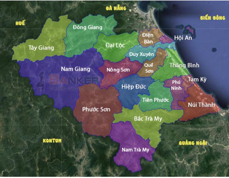 Bản đồ các dơn vị hành chính cấp thành phố, huyện của tỉnh Quảng Nam.