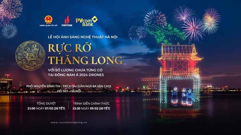 Lễ hội ánh sáng nghệ thuật Hà Nội - Rực rỡ Thăng Long được trình diễn bằng 2.024 máy bay không người lái (drone) trong đêm giao thừa 