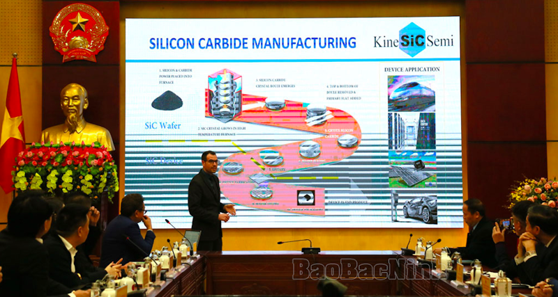 A representative from Kine SIC Semi introduces semiconductor chip manufacturing at a meeting with provincial authorities on February 28.