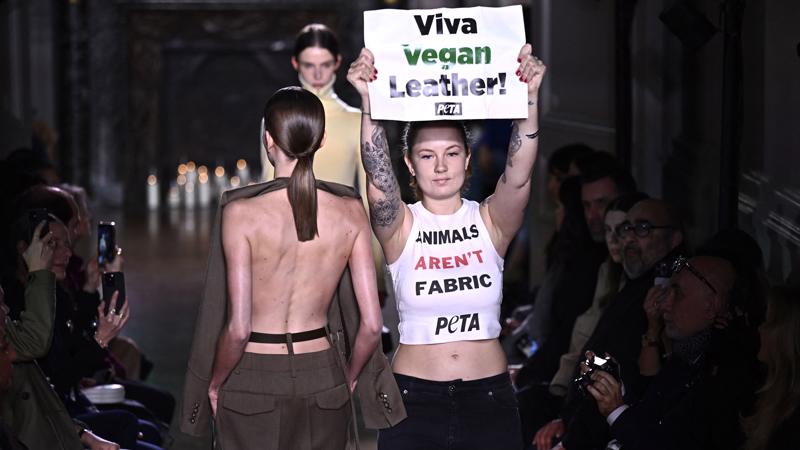 Các nhà hoạt động vì quyền động vật đã "biểu tình" trong show diễn của Victoria Beckham. Ảnh: CNN