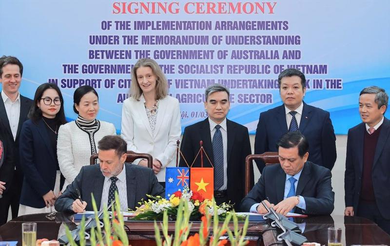 Deputy Minister of Labor, Invalids and Social Affairs Nguyen Ba Hoan and Australian Ambassador to Vietnam, H.E. Andrew Goledzinowski, sign the MoU in Hanoi on March 1.