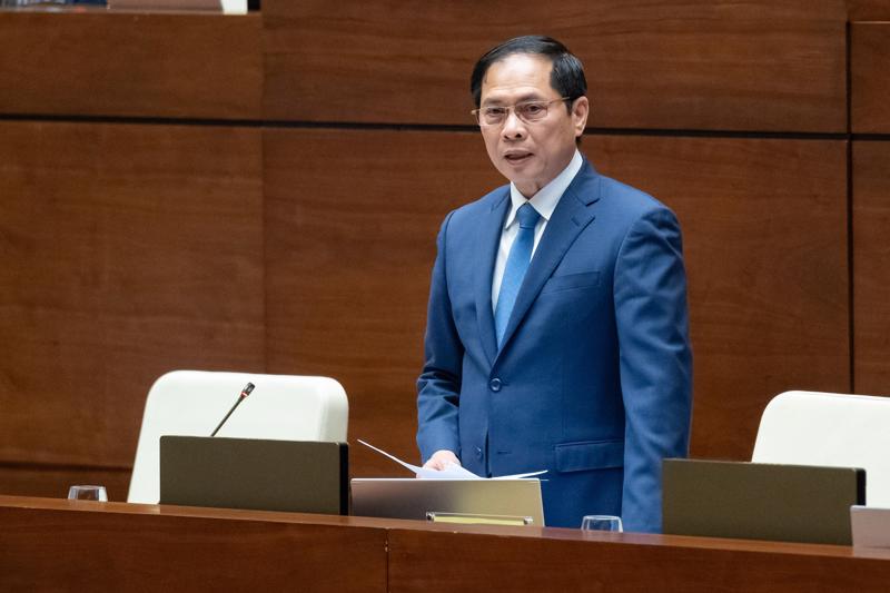 Bộ trưởng Bộ Ngoại giao Bùi Thanh Sơn trả lời chất vấn của các đại biểu Quốc hội chiều ngày 18/3 - Ảnh: Quochoi.vn