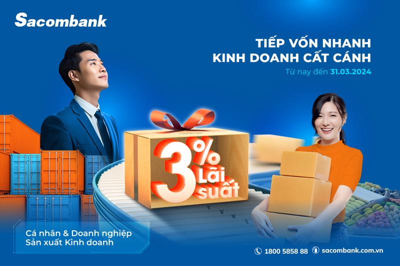 Sacombank vừa bổ sung thêm 10.000 tỷ đồng vốn vay với lãi suất siêu ưu đãi dành cho khách hàng cá nhân và doanh nghiệp.