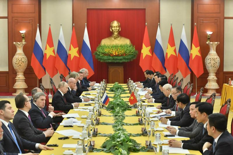 Tổng Bí thư Nguyễn Phú Trọng đã hội đàm với Tổng thống Vladimir Putin tại Trụ sở Trung ương Đảng. Ảnh: VGP